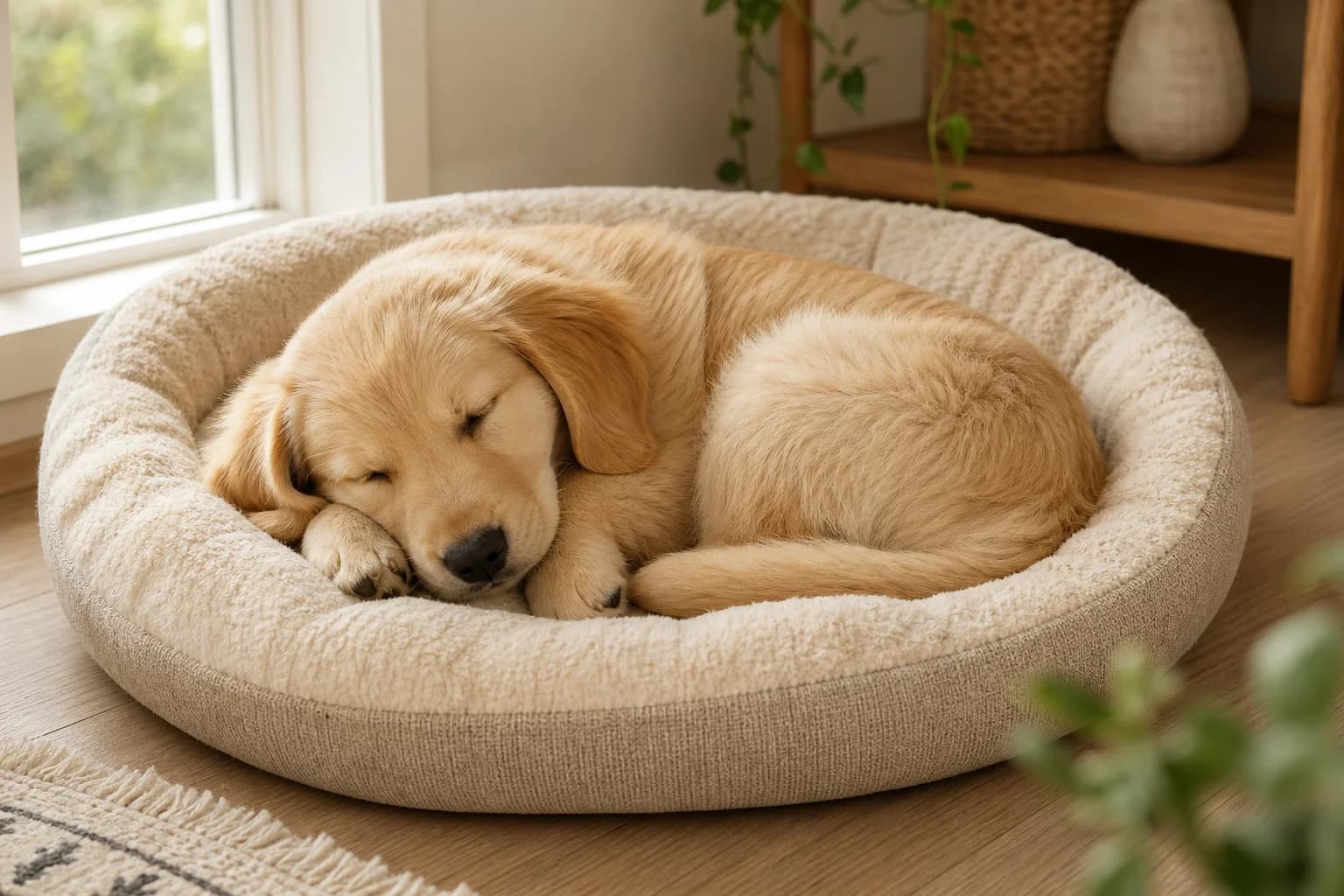 Dog resting in a Round Plush Pet Bed