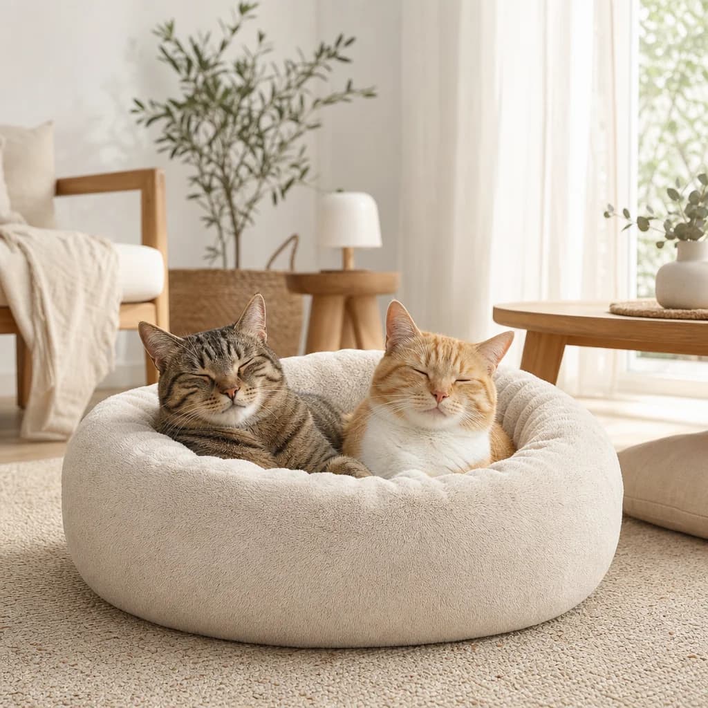 Happy cats in a plush pet bed